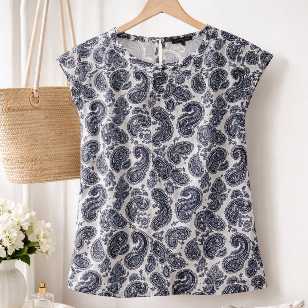 Blue Paisley Boho Blouse Banana Republic Cap Sleeve Chic Career Top M